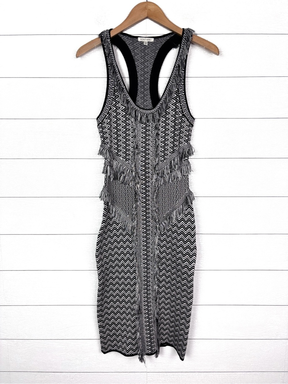 Ronny Kobo Fringe Dress Power Knit Black White Zigzag Racerback Contour Small